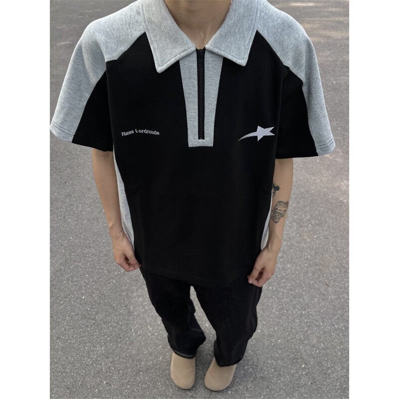 网图美式复古拼接短袖T恤男半拉链夏季宽松情侣polo衫-PL52-特P30,男装Polo衫,星座1007（原301D）