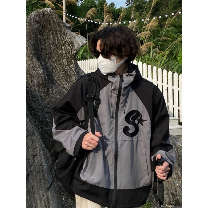春秋冬款工装连帽夹克潮流拼色宽松百搭户外冲锋衣外套Z211-P65,男装夹克,星座1007（原301D）