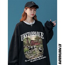 中性秋季新款港风设计感油画印花圆领套头卫衣外套W1011P30控48-，女装短外套，A247A
