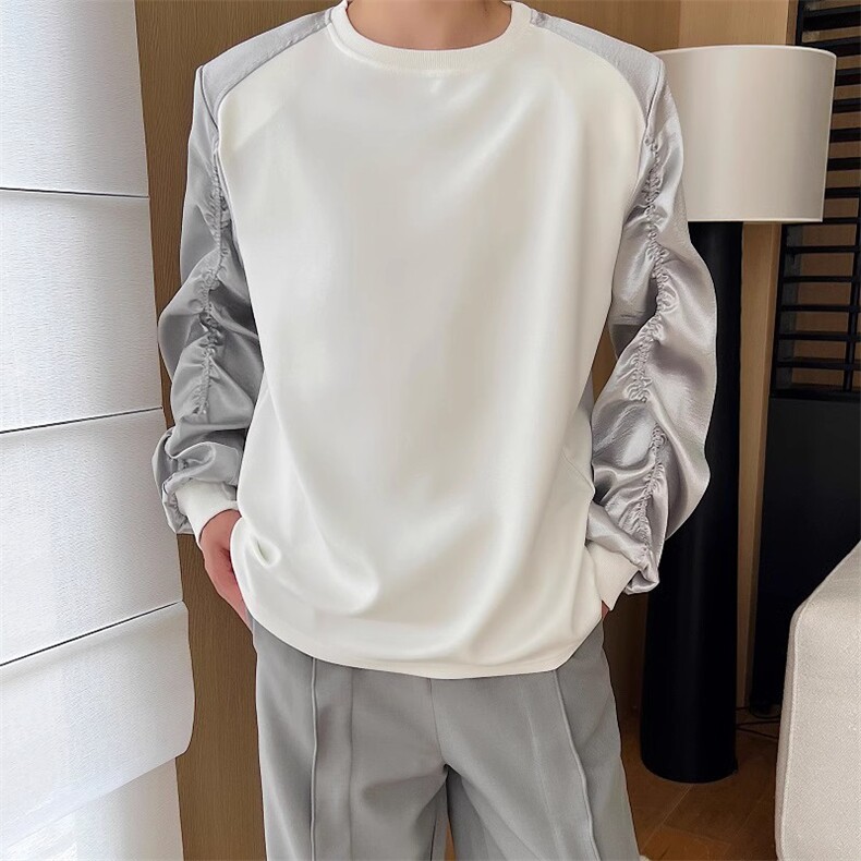 秋季韩版银色缎面褶皱袖设计圆领套头男卫衣痞帅休闲T恤171P85,男装卫衣,星座901-1（原C217）