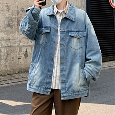 渐变牛仔外套男秋季美式水洗上衣宽松高街潮牌痞帅夹克衫2223/P70，男装工装外套，星座506