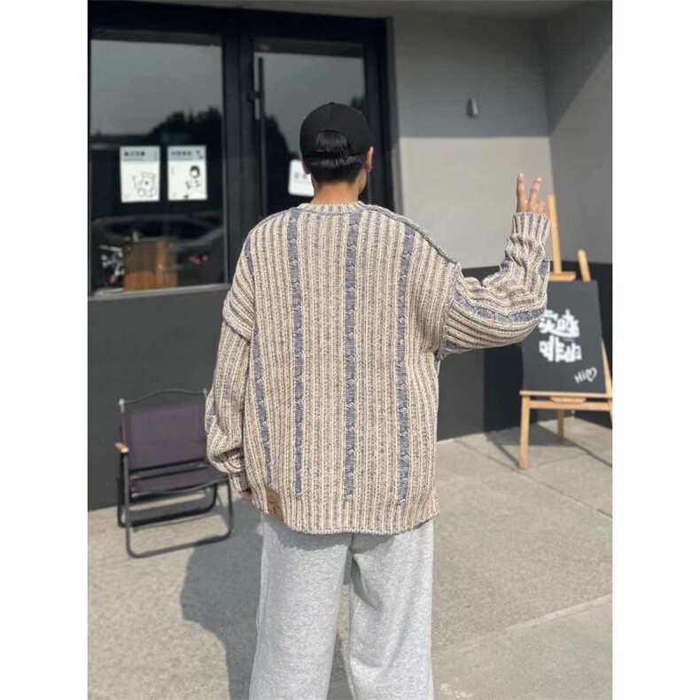 日系复古条纹撞色毛衣男秋冬季高街潮牌慵懒风针织衫MB074-P52,男装针织衫/毛衣,星座208-5