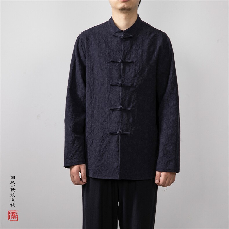 秋冬新款风男装棉麻提花立领盘扣新中式唐装衬衫C228P85,男装衬衫,钱塘802
