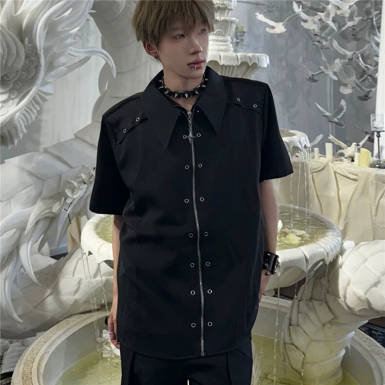男模穿搭垫肩高级感衬衫短袖夏季解构风拉链衬衣潮牌五分半袖外套,男装衬衫,星座506A