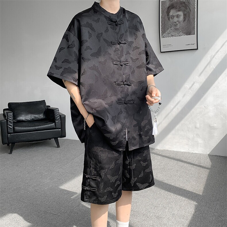 新中式轻国风套装男夏季冰丝薄款2025国潮提花盘扣衬衫短裤两件套,男装休闲套装,电商D232