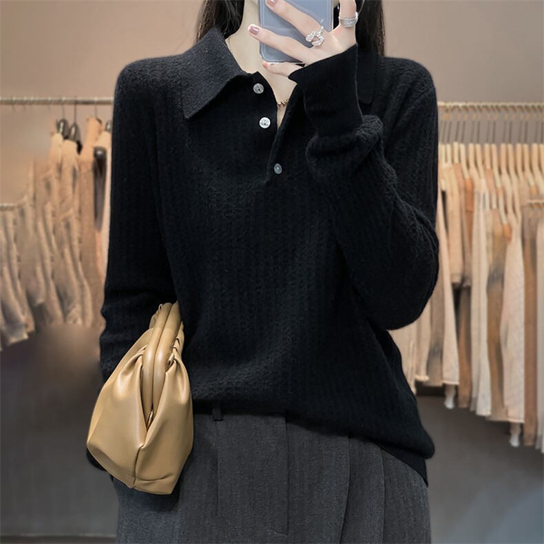气质简约百搭秋冬季新款POLO领羊毛衫,女装羊毛衫,温贝羊绒