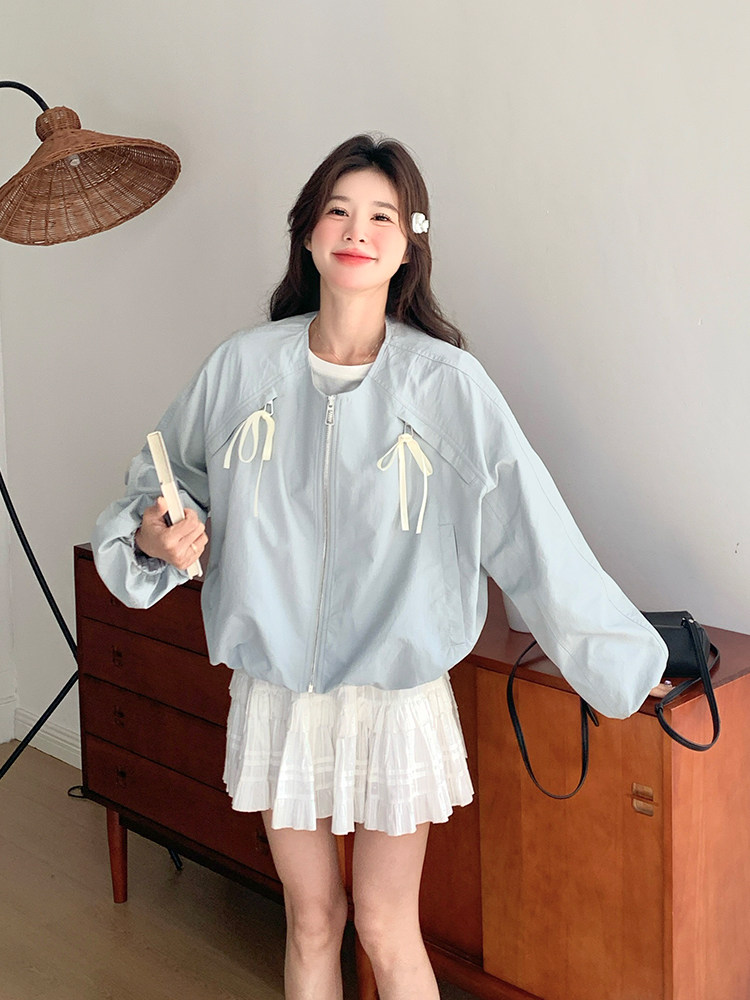 新品韩系蝴蝶结圆领夹克外套-2d075（p135-k195),女装短外套,2D075