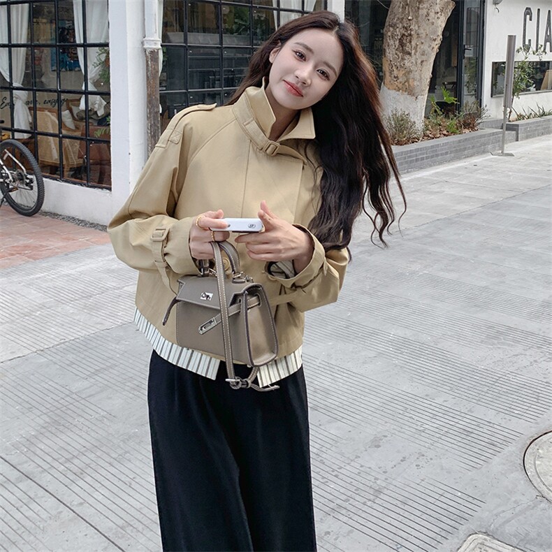 【现货】春秋短款风衣外套女小个子高级感时尚百搭撞色宽松上衣,女装风衣,鑫源服饰