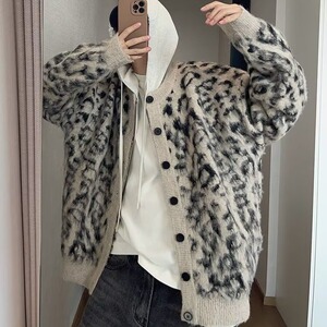 YI0919-P55豹纹开衫圆领毛衣男女冬宽松ing潮无领针织衫纽扣外套图片