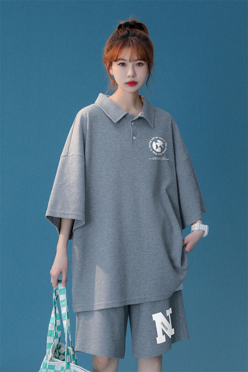 中性夏季潮流宽松华夫格运动风POLO衫T恤情侣套装TZ729P75控98,男装休闲套装,A247A