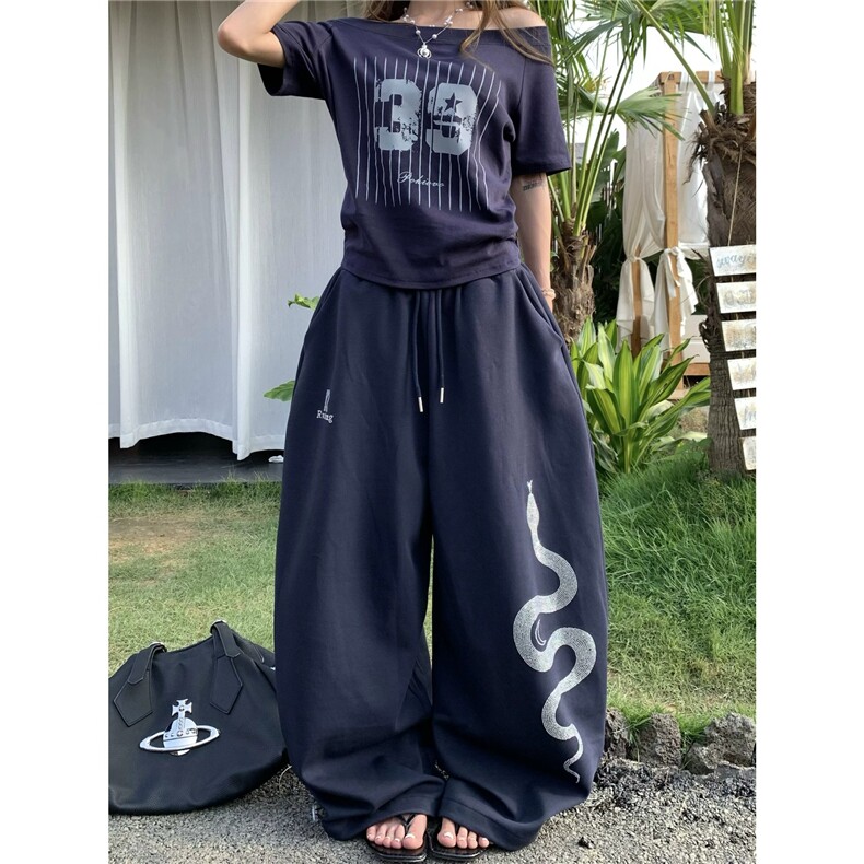 【有货】D5311-特批50美式复古设计感烫钻印花休闲裤男女百搭长裤图片