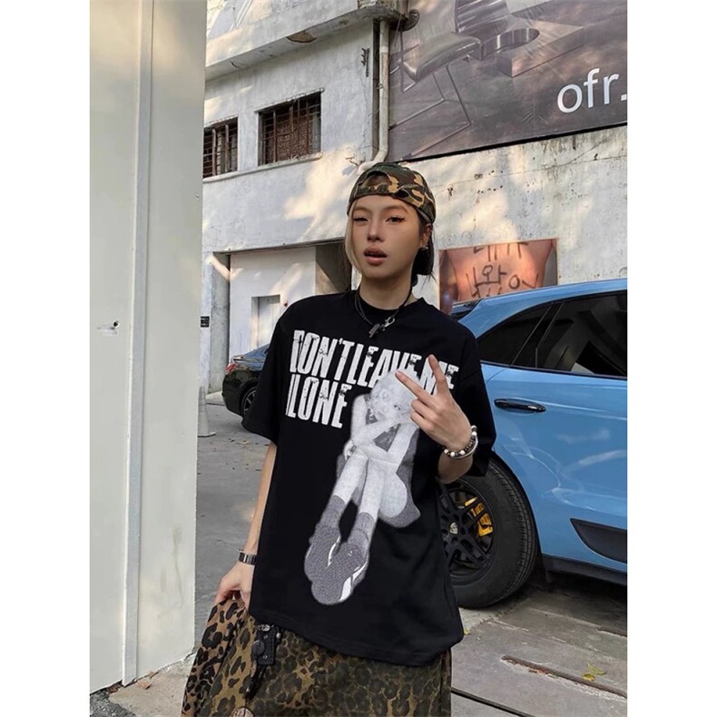 美式复古人像印花短袖男夏季欧美潮牌重磅t恤cleanfit宽松七分袖,男装T恤,四季星座505