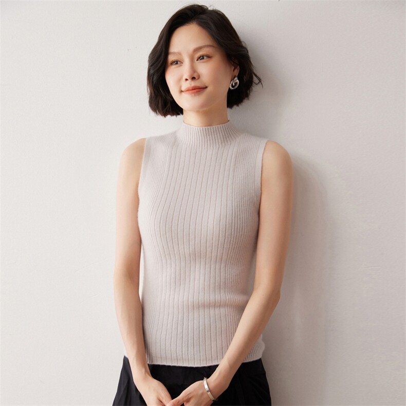 秋冬新款洋气时尚百搭显瘦女款一线成衣半高领无袖衫,女装背心吊带,艾巧羊绒