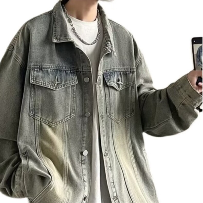 牛仔外套男秋季潮牌美式高街夹克男翻领痞帅宽松休闲褂子上衣服,男装工装外套,星座1210-1