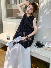 2025新款韩系甜美无袖波点连衣裙子女夏季设计感撞色拼接背心长裙，女装连衣裙，流量+