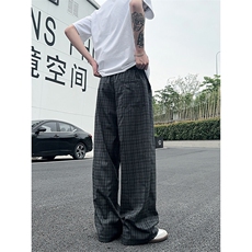 XK468-P35灰色格子裤男夏季薄款慵懒松弛感美式休闲阔腿直筒裤，男装休闲裤，电商A178
