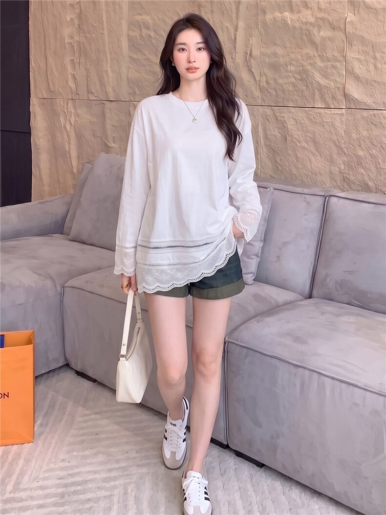 高级感时尚潮流套装女夏季款宽松圆领镂空花边上衣牛仔短裤两件套,女装套装/套裙,江南