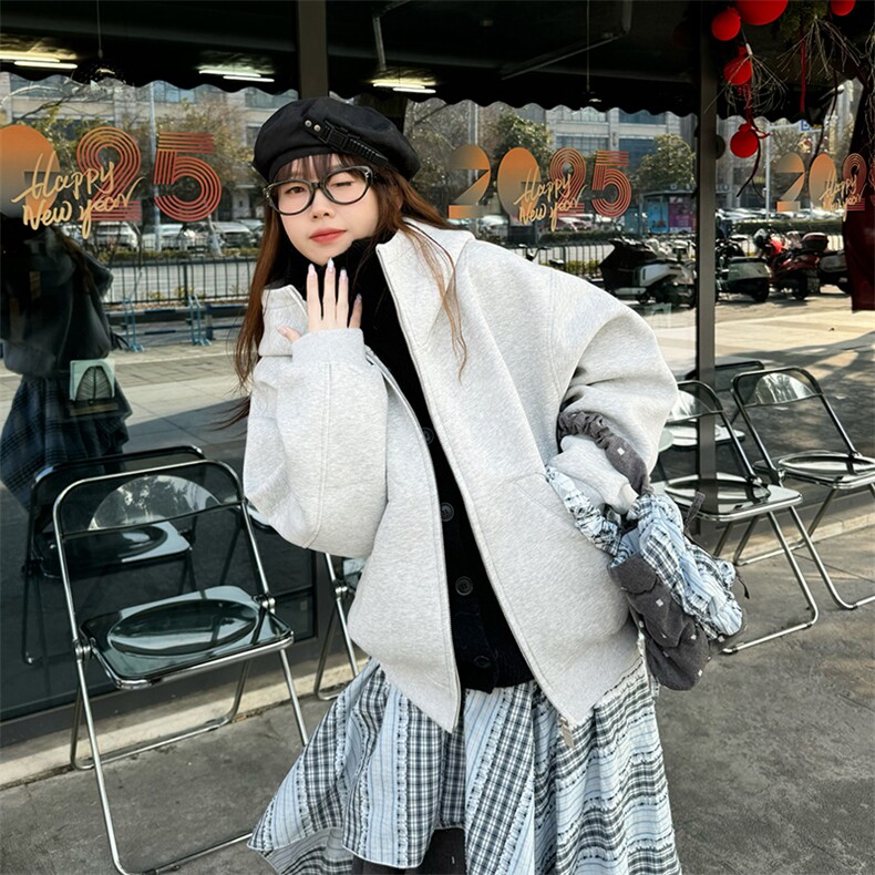 抖音得物高品质26春装美式高街重磅宽松结构高领连帽卫衣外套W60,女装短外套,电商A486