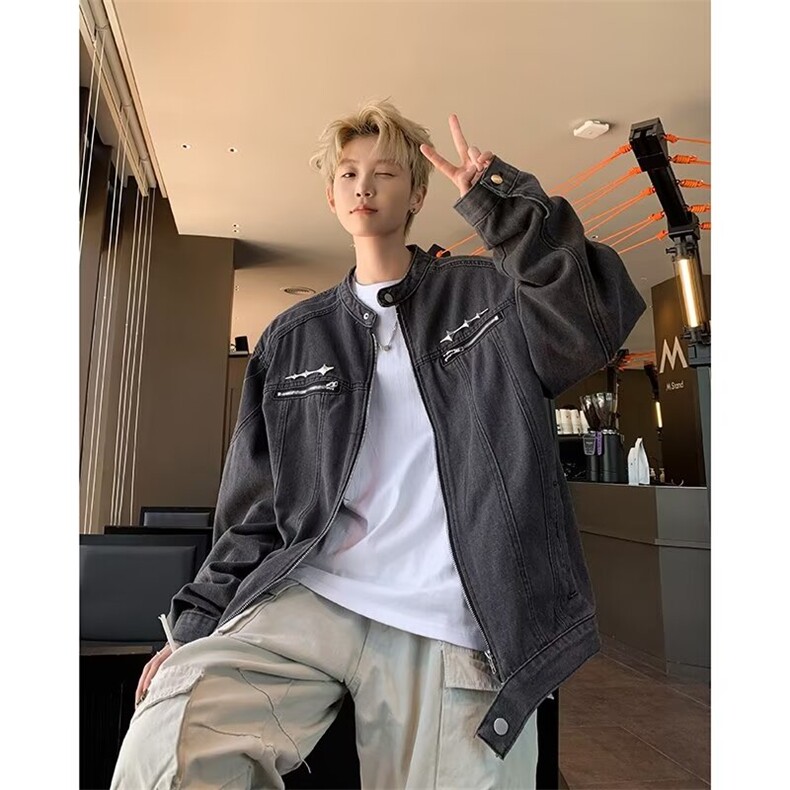美式复古做旧短款拼接牛仔外套潮牌金属设计感夹克男W5885-P75,男装夹克,星座412-2