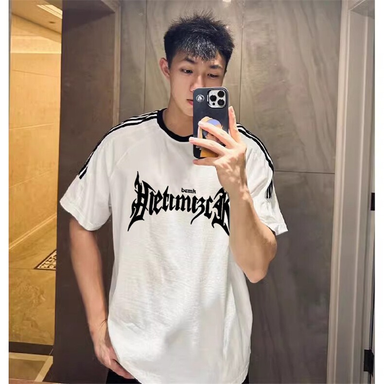 夏季美式高街重磅纯棉三条杠织带撞色男女短袖T恤ZD634-特P30图片