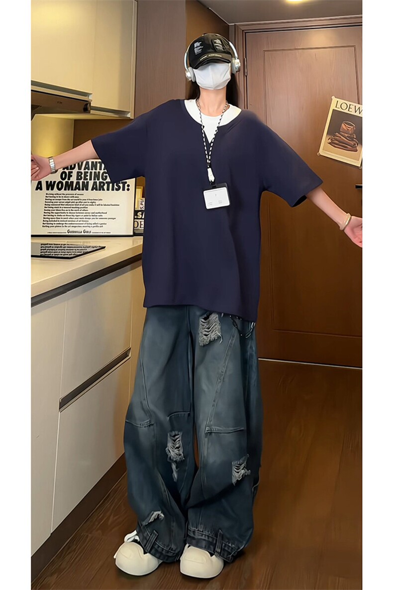wassuphappy假两件短袖t恤男夏季薄款小领口宽松半截袖休闲上衣,男装T恤,电商A102B