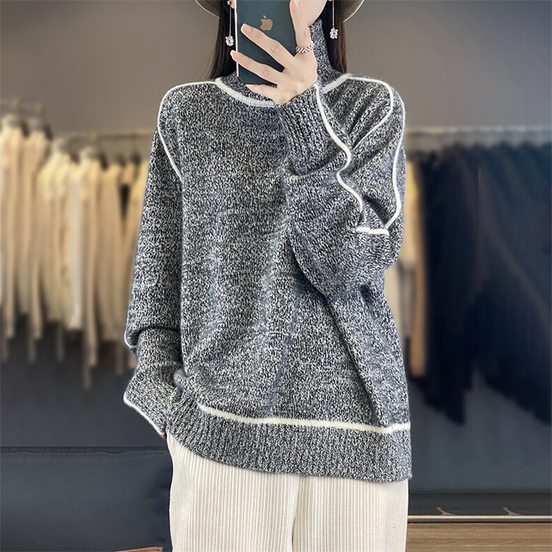 拼色高领100%纯羊毛衫女长袖加厚针织毛衣宽松慵懒羊绒打底衫上衣,女装羊毛衫,科源羊绒
