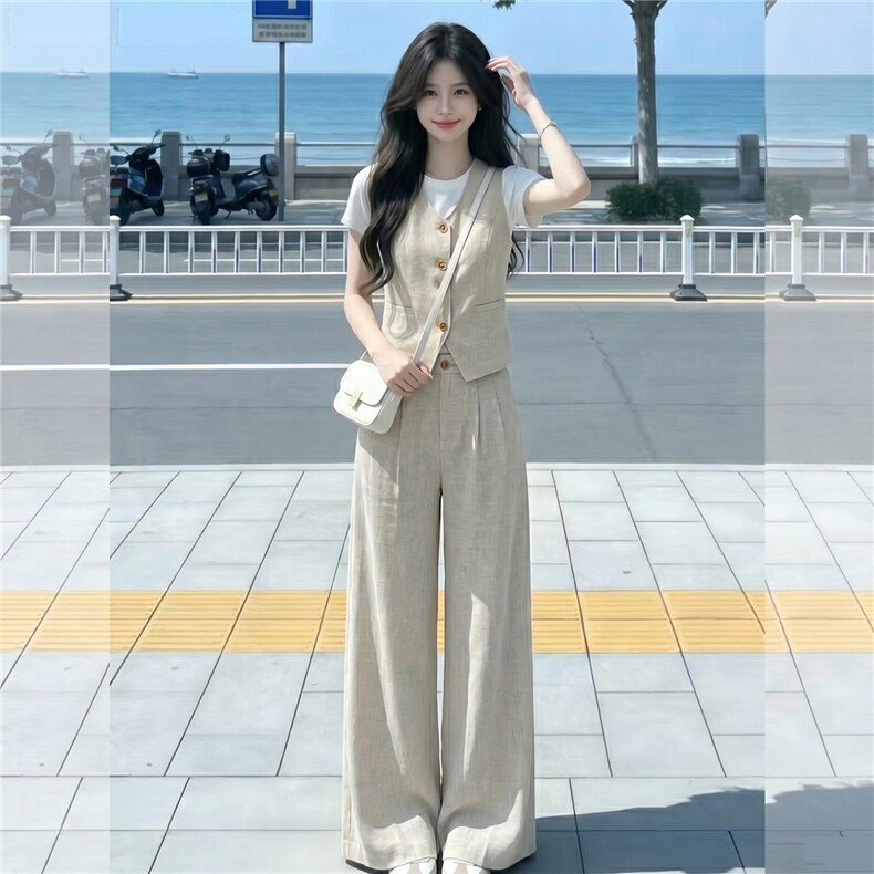 韩版休闲运动套装女款圆领纽扣马甲上衣内搭白色T恤阔腿裤三件套,女装套装/套裙,江南