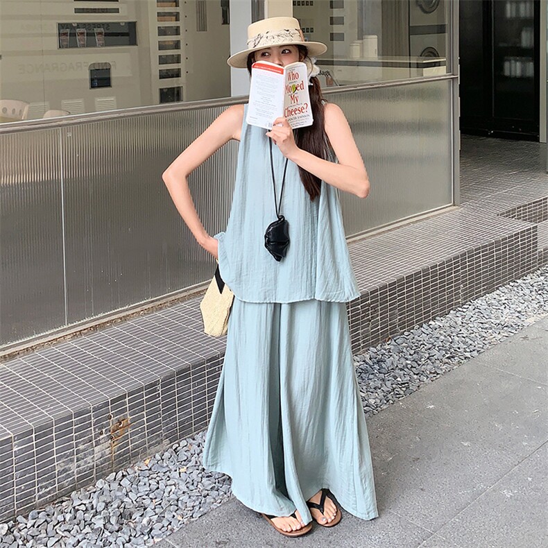 巨好看的夏装套装慵懒风气质宽松无袖背心上衣休闲阔腿裤两件套女,女装套装/套裙,浙宝305