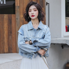 牛仔外套女2021新款刺绣破洞字母牛仔短外套春秋宽松牛仔衣女，女装短外套，潮品会