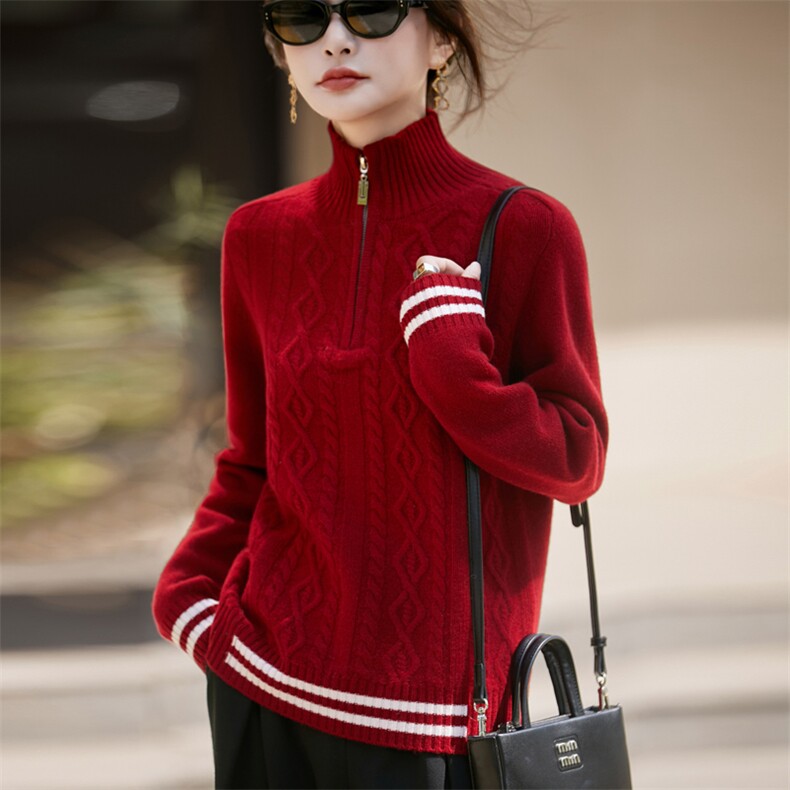 2025年秋季时尚百搭通勤简约休闲7针扭花拉链半高，女装羊毛衫，九嘉羊绒