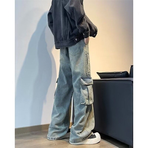 大口袋工装牛仔裤男春季阔腿裤水洗做旧宽松直筒裤子RK2474-P51图片