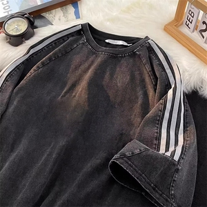 抖音得物高品质240克美式复古潮牌做旧水洗三条杠织带短袖T恤YQ45图片