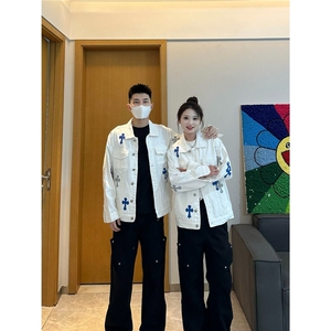LH999-P70 秋冬欧美高街十字架翻领牛仔夹克男外套潮牌痞帅图片