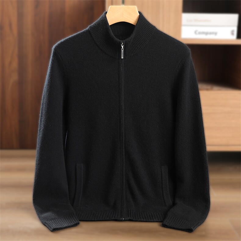 100纯山羊绒衫男士半高领拉链4平双层加厚开衫带口袋针织毛衣，男装羊绒套衫，美创羊绒