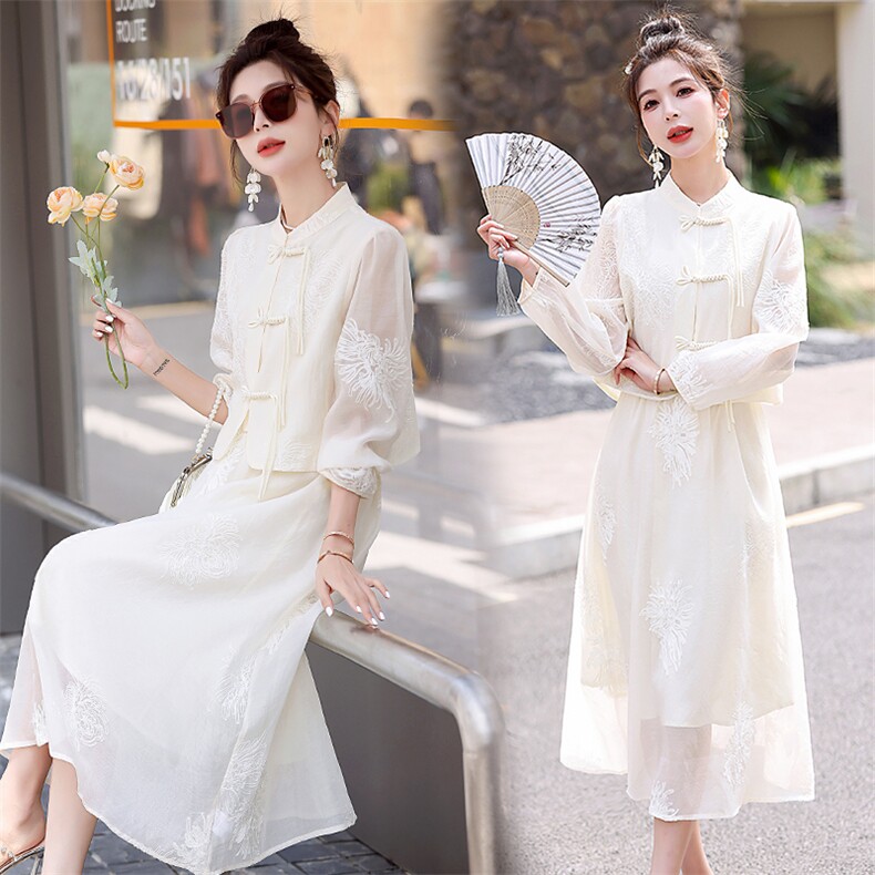 新中式半身套装裙女2025年春夏新款盘扣国风刺绣网纱袖上衣两件套，女装套装/套裙，丽美静依
