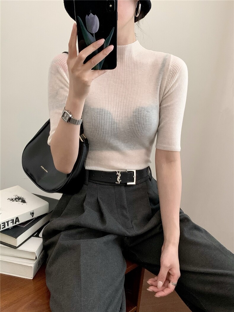 2025新款女套头珠片纱小立领修身中袖精纺超薄款半高针织打底衫,针织衫/毛衣,缘满羊绒