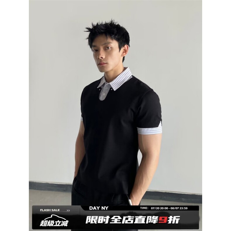 网图现货假两件撞色polo领短袖针织衫男女复古上衣潮RA43-P48图片