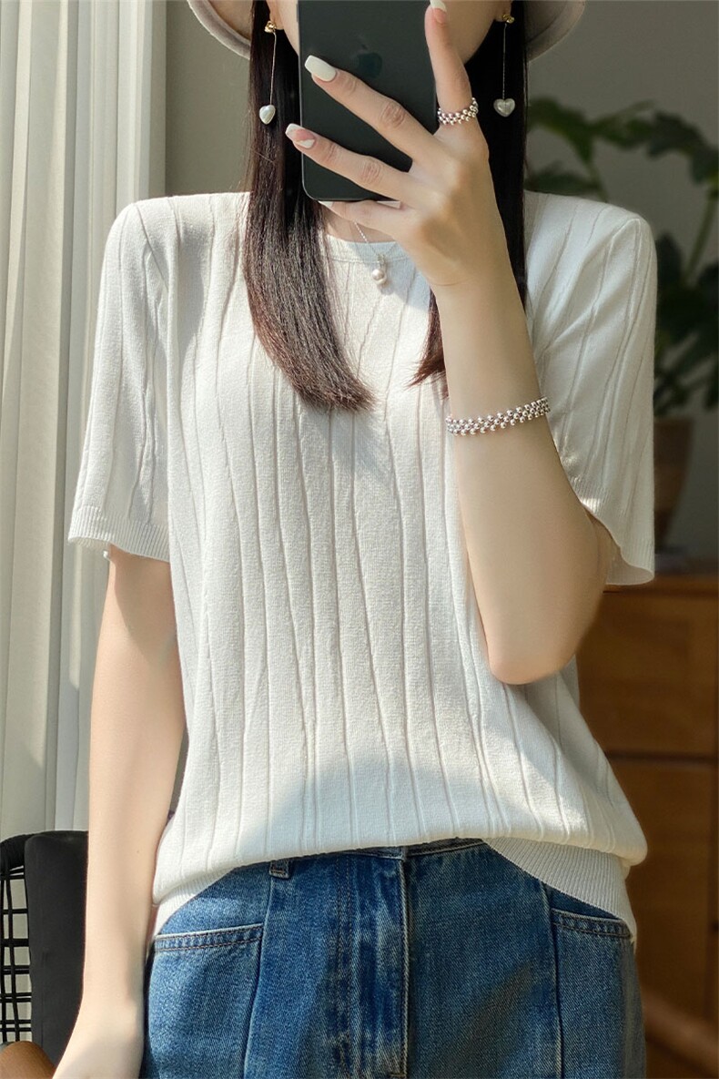 夏季新款冰丝T恤女士宽松圆领纯色镂空短袖百搭显瘦针织半袖打底,针织衫/毛衣,萱芳婷羊绒