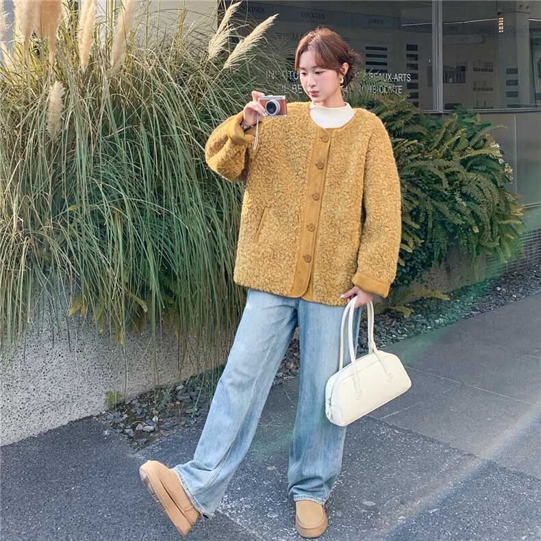 美拉德皮毛一体毛毛外套女冬季新款韩系简约宽松加厚圆领棉服潮,女装皮衣,2C307