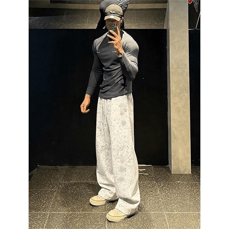 春装高品质扎染刺绣工艺弯刀卫裤男重磅复古垂感休闲运动裤阔腿裤,男装休闲裤,电商A443