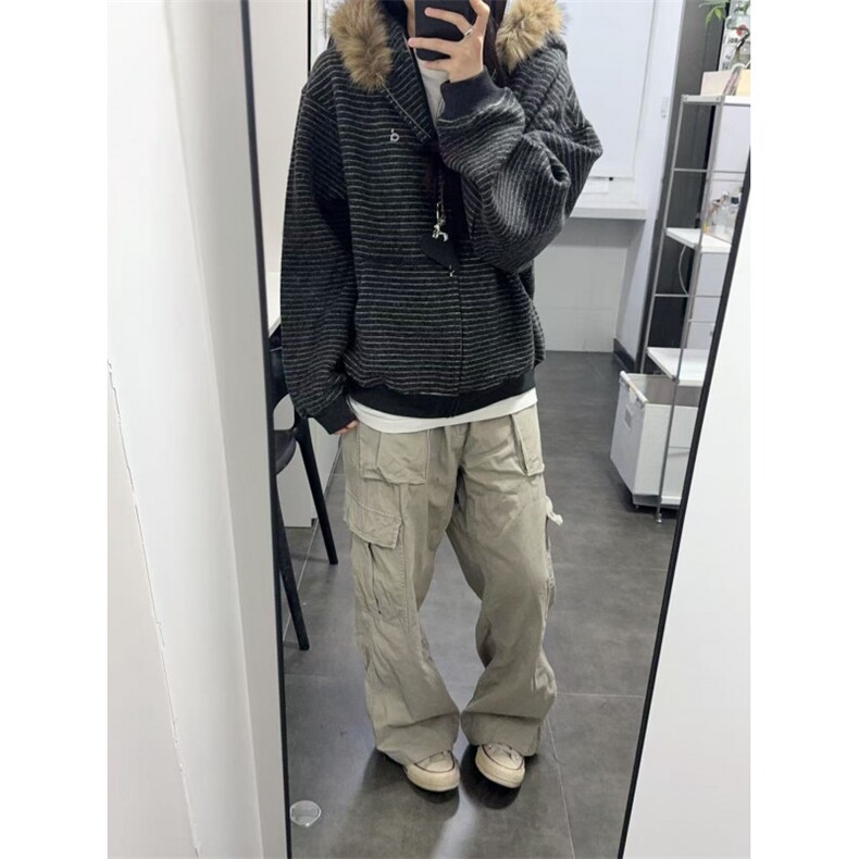 网图美式复古条纹连帽卫衣外套男高级感情侣针织开衫JK0721-特P88,女装短外套,星座1007（原301D）