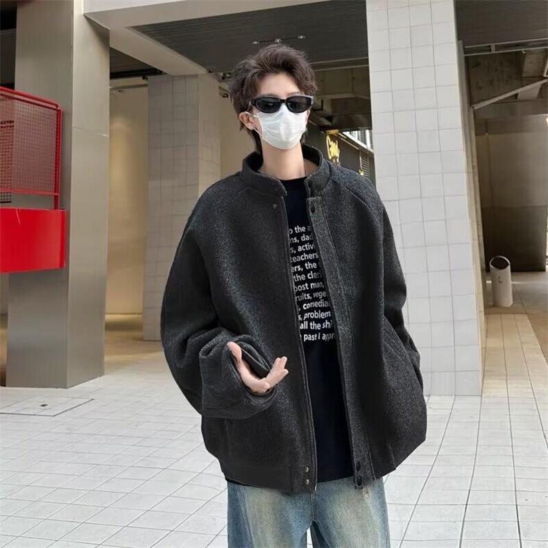 秋冬灰色立领设计款夹克男士宽松呢料风衣呢子外套JK5504,男装夹克,星座1116A-1（原606A）