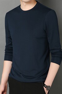 2023春夏新款长袖体恤衫男薄款圆领上衣中年男士休闲纯色百搭体恤图片