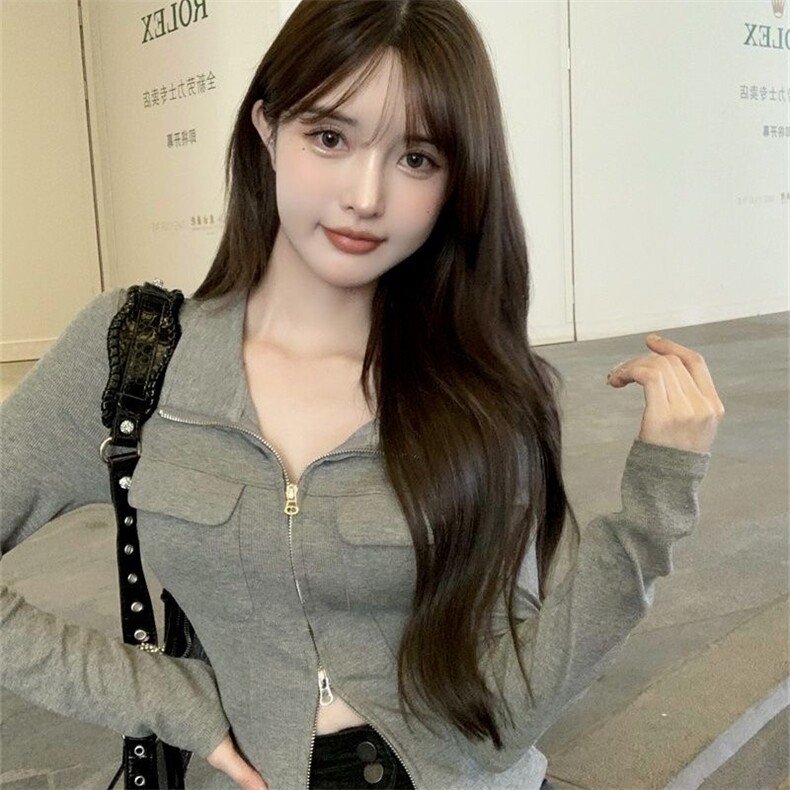 春秋季纯欲修身设计感小众拉链辣妹上衣女领显瘦气质长袖恤,男装卫衣,星座1210-1