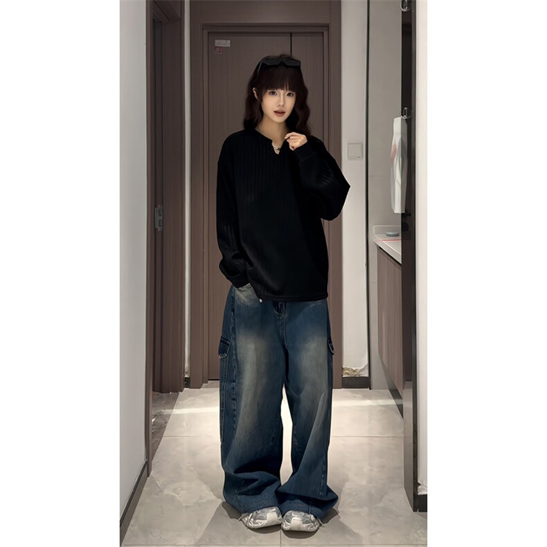 美式高街千鸟格子长袖T恤男女亨利V领英伦雅痞休闲宽松长袖打底衫,男装T恤,电商A443