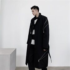 山本暗黑风拉链装饰中长款风衣小众走秀款工装外套A452-H22，男装风衣，电商A452