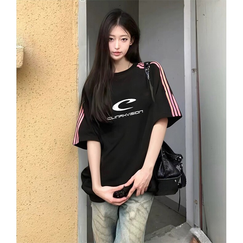 抖音得物品质二开240克宽松纯棉美式潮牌印花三条杠中性风短袖T恤,男装T恤,电商A486