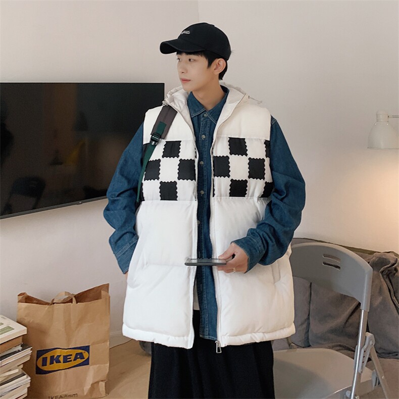 2026秋冬连帽格子拼接羽绒棉马甲背心手塞棉MJ17555/P75白色,男装背心/马甲,电商A094