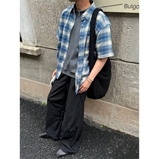 美式复古蓝色慵懒格子情侣衬衫男女夏季短袖宽松休闲外套CSD01，男装T恤，星座1116A（原606A-3）