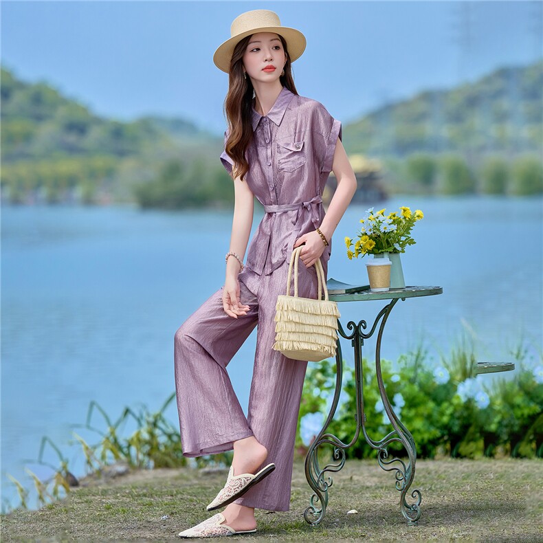 2026年夏季新款时尚收腰文艺风系带阔腿裤套装,女装套装/套裙,依恋蒂丝